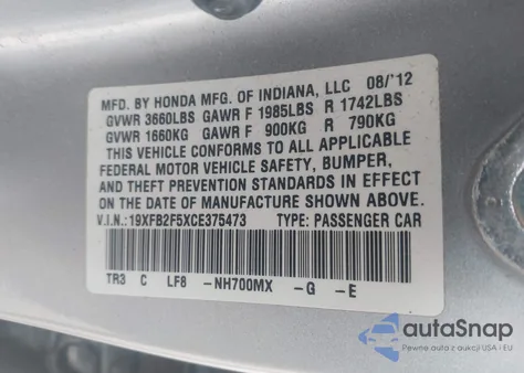 2012 Honda Civic Lx из США, поврежденный, VIN 19XFB2F5XCE375473